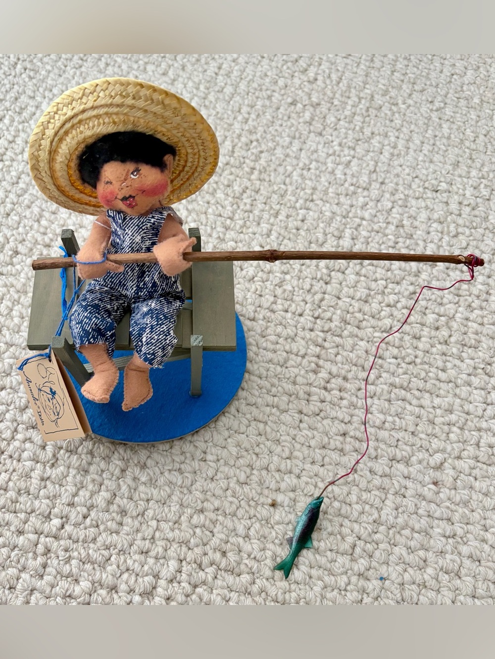 Annalee Fisherman Doll in Blue Outfit with Straw Hat and Green Fish